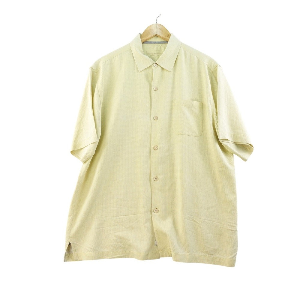 Tommy Bahama Men's L Yellow 100% Silk Short Sleeve Button Up‎ Shirt Camp Beach